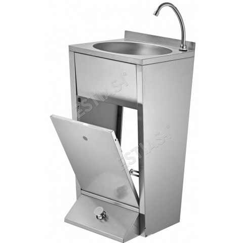 Stainless steel floor standing wash basin with timed flow push button foot valve and waste bin