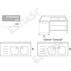 Open sink 220x70cm with 2 right basins for dishwasher