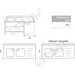 Open sink 180x70cm with 2 left basins for dishwasher