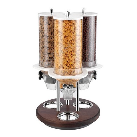Cereals triple dispenser in wooden round stand