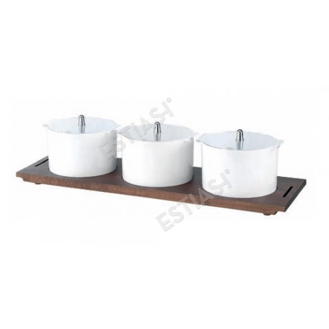 Wooden base buffet organizer with 3 pots