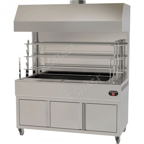 Commercial charcoal rotisserie with 6 spits and exhaust hood