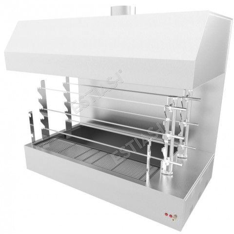 Commercial countertop charcoal rotisserie with 6 spits & hood