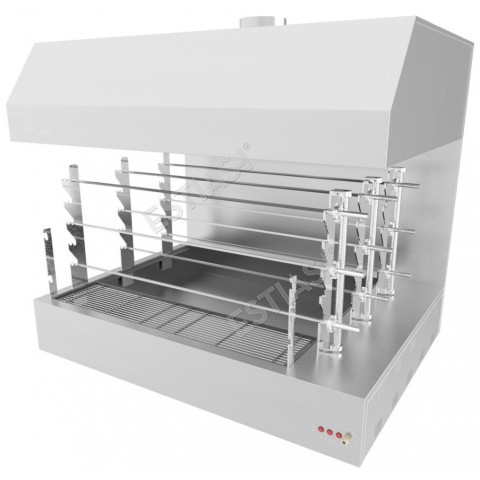 Commercial countertop charcoal rotisserie with 9 spits & hood