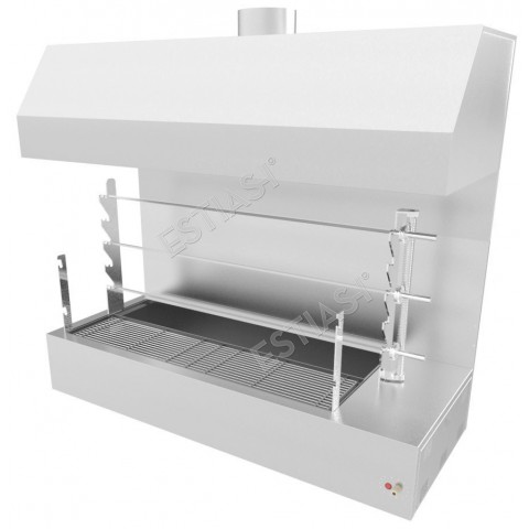 Commercial countertop charcoal rotisserie with 3 spits & hood